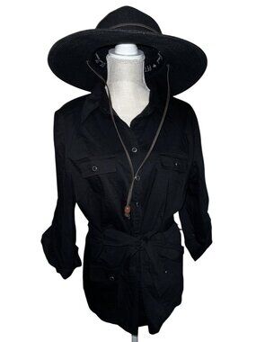 Chaus Womens Black Button-Up Shirt Jacket/Belted Waist & Roll-Up Sleeves M